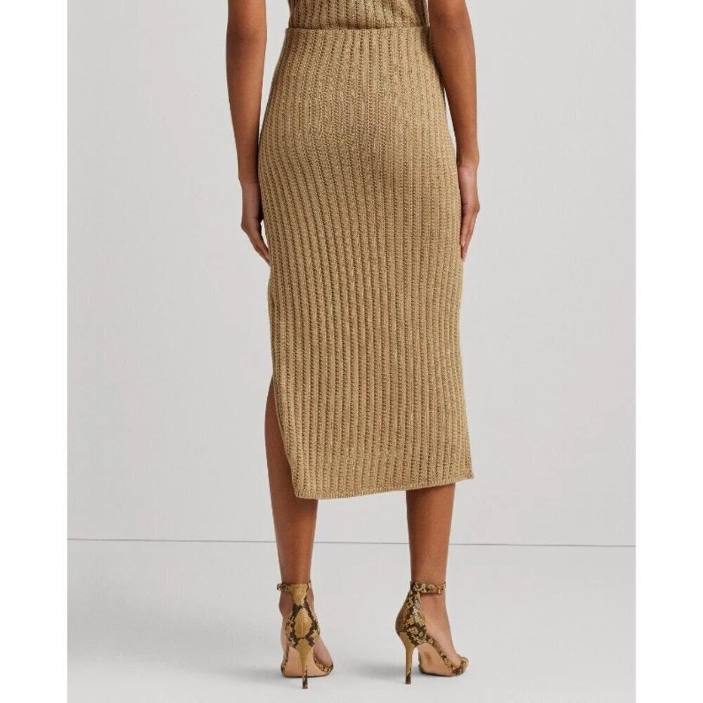 Lauren Ralph Lauren Midi Skirt Women's Beige Linen Rib Knit Pencil Size L NWT - Picture 5 of 12